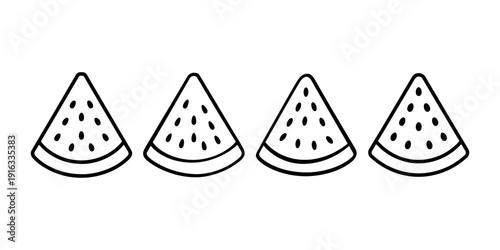 Watermelon slice icons set showing triangle fruit pieces with seeds for summer snack theme healthy eating and refreshing food packaging vector graphics