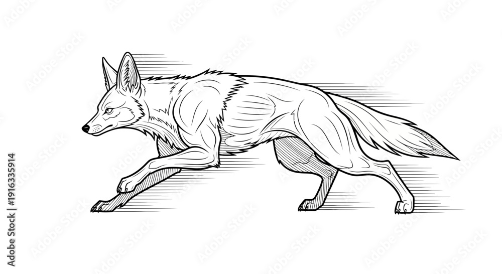 Fototapeta premium Running Coyote Line Art Illustration - Fast Wild Animal in Motion