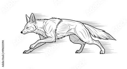 Running Coyote Line Art Illustration - Fast Wild Animal in Motion