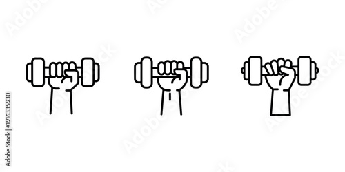 Set of three hands holding a dumbbell outline icons. three variations of a hand gripping a dumbbell are shown in a row on a white background