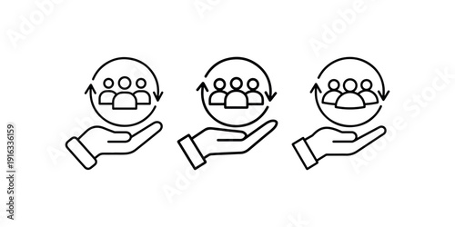 Employee retention icon set vector, hand holding group of people with arrows, human resources talent acquisition symbol