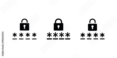 Password icon vector illustration set, security lock symbol, asterisks input sign, protection concept, access data outline isolated sign