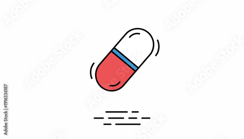 Red and white capsule pill floating above dashed line, medical concept