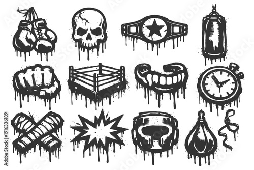 Grunge boxing icons: gloves, skull, championship, ring, timer.