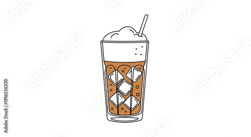 Refreshing Iced Coffee with Foam and Straw in Tall Glass, Hand-Drawn Style