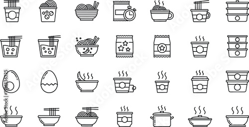 Instant noodles and takeaway food icon set featuring ramen bowls cups eggs and snacks