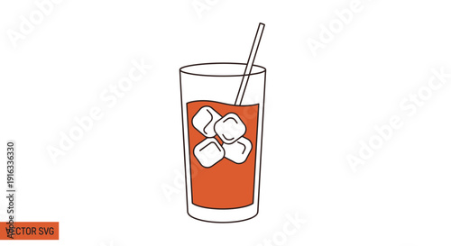 Refreshing Iced Drink with Ice Cubes and Straw in Tall Glass, Minimalist Illustration