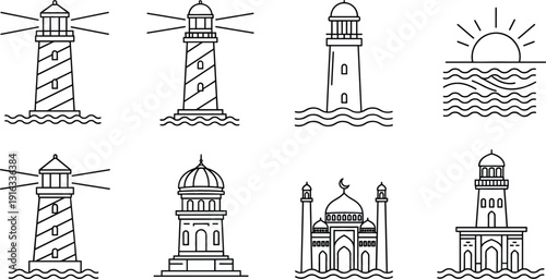 Lighthouse and coastal landmark icon set featuring sea waves mosque architecture and sunset outline