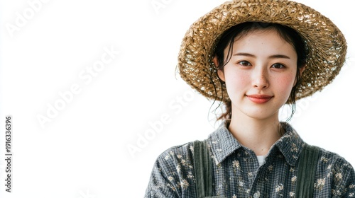 農作業の合間に休息をとる爽やかな笑顔の麦わら帽子の女性スタッフ