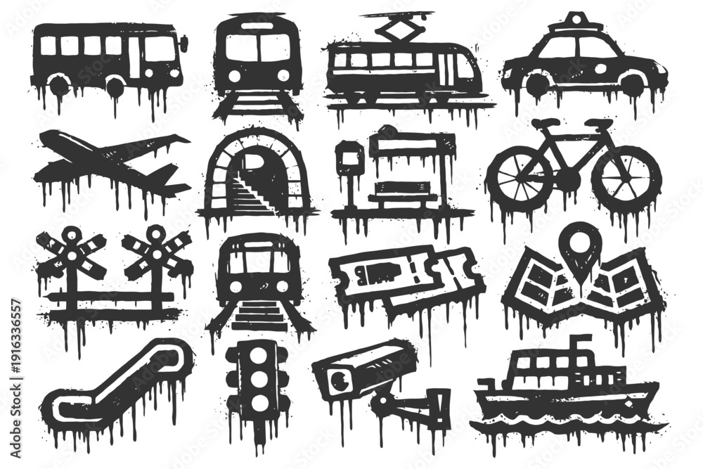 Obraz premium Grunge transportation icons set: buses, trains, bikes, and more.