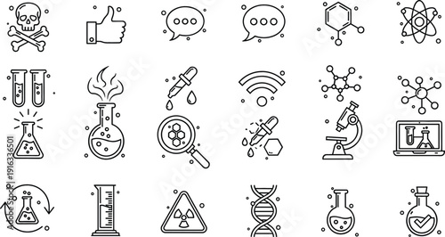 Science laboratory icon set featuring chemistry biology research equipment medical symbols and experiment tools