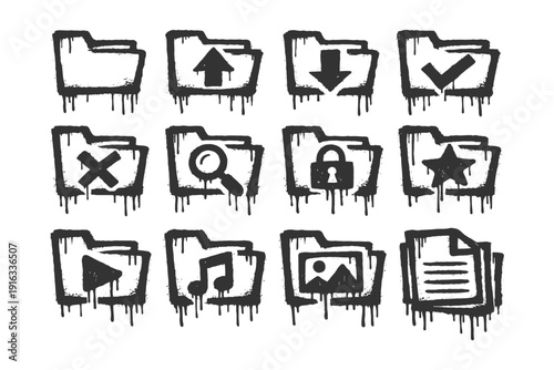 Grunge style icons: folder and file symbols with dripping paint effects.