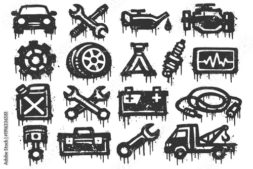 Grunge-style car repair icons with tools and equipment.
