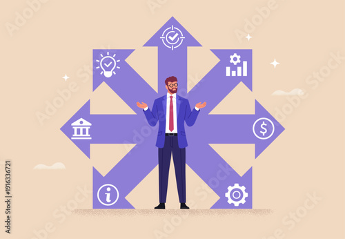 Business Direction. Businessman standing at crossroads with multiple arrows with icons, symbolizing career choice, strategy, decision making, leadership, planning, and growth in a flat vector style.
