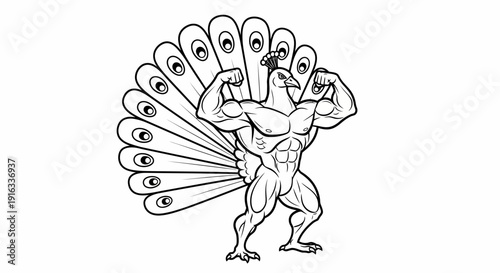 Muscular Peacock Bodybuilder Flexing Biceps with Fanned Tail