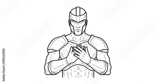 Muscular Superhero Warrior with Crossed Arms, Comic Book Style Line Art