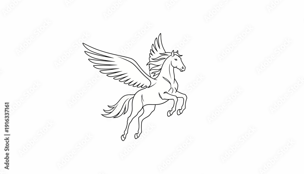 Obraz premium Mythical Pegasus Horse Flying with Wings - Line Art Illustration