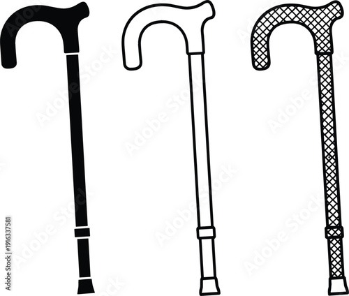 Walking cane icon set featuring elderly support sticks medical mobility aids in solid outline style
