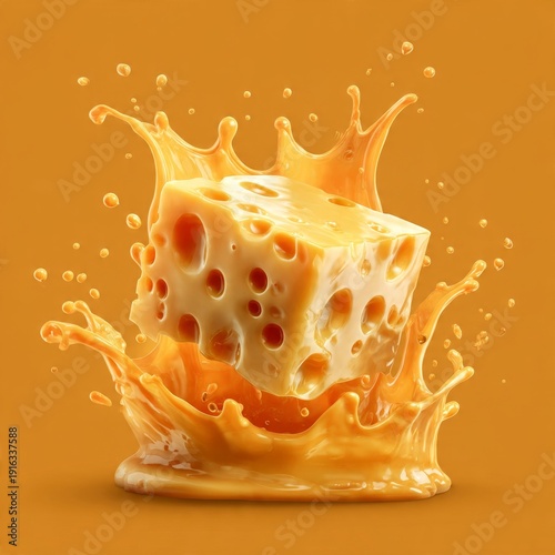Cube of yellow swiss cheese splashing into liquid cheese sauce