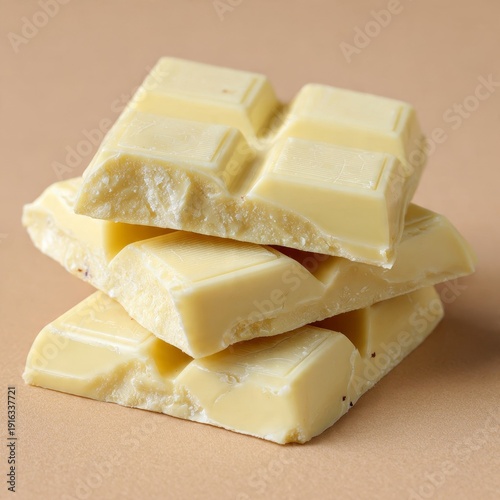 Stack of white chocolate broken pieces on beige background professional food photography