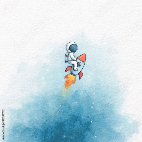 cute watercolor of an astronaut riding a small rocket