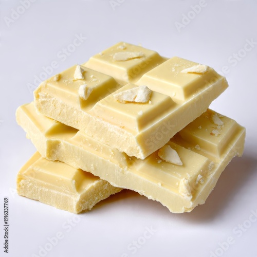 Broken white chocolate bars with coconut flakes on clean white surface