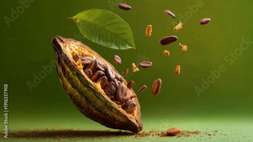 Freshly harvested cacao pod and beans with single leaf floating over a vibrant green background, creating a dynamic composition
