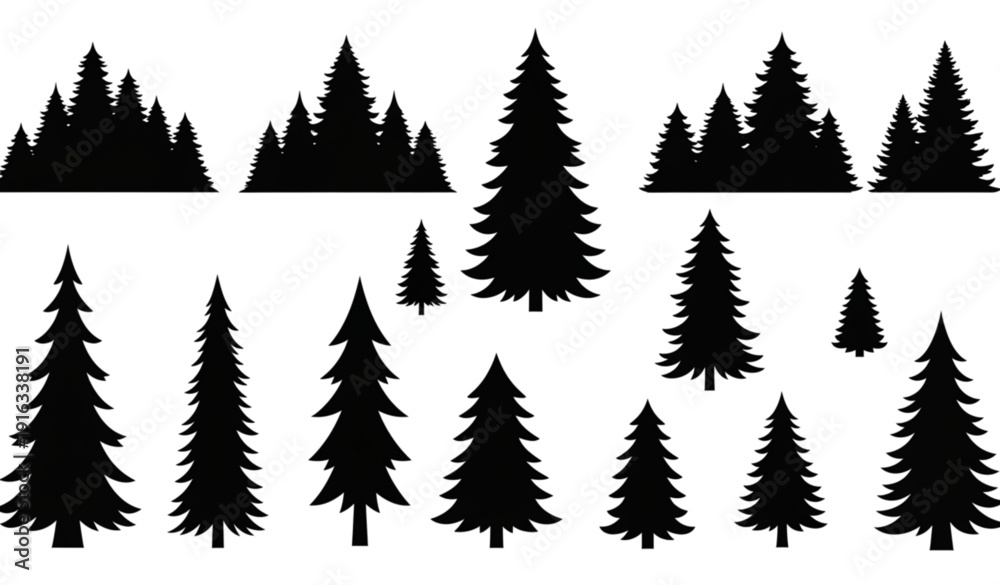 Obraz premium Black pine and fir tree silhouette icon set with evergreen Christmas forest vector isolated on white EPS 10