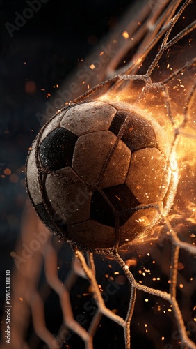 Soccer ball on fire scoring goal in net with fiery sparks and intense energy