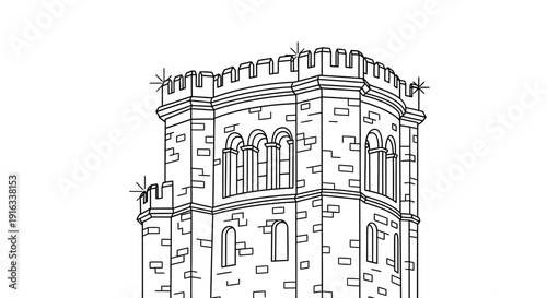 Medieval Tower Illustration, Castle Battlements, Stone Fortress Architecture, Line Art Drawing