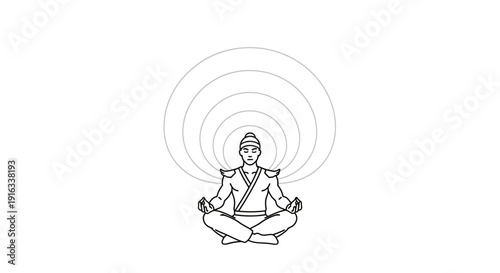 Meditating person in lotus pose with concentric circles, symbolizing energy or aura
