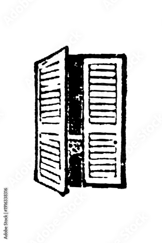 Konstfotografi Persiennes, rustic open shutters with textured horizontal slats, detailed architectural illustration, old vintage illustration, 1897