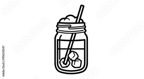 Line Art Icon of a Refreshing Drink in a Mason Jar with Ice Cubes and Straw