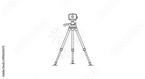 Line Art of a Professional Tripod with Camera on Top, Ready for Photography or Videography