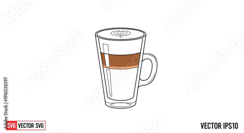 Line Art Illustration of a Latte Coffee in a Tall Glass with Latte Art