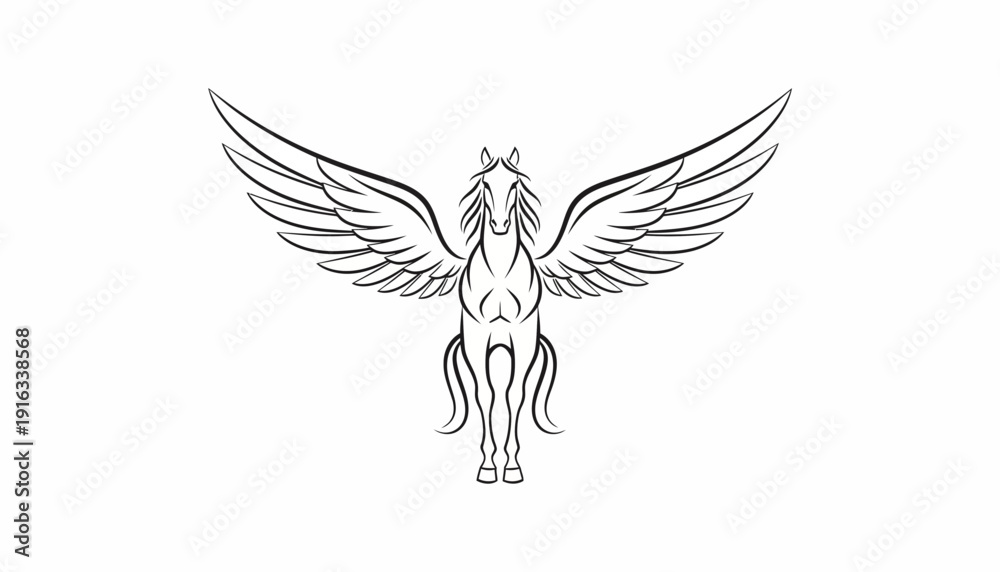 Obraz premium Majestic Pegasus Horse with Wings Spread Wide, Mythical Creature Outline Drawing