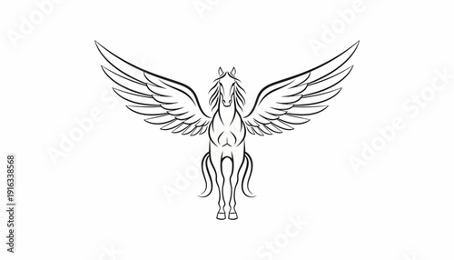 Majestic Pegasus Horse with Wings Spread Wide, Mythical Creature Outline Drawing