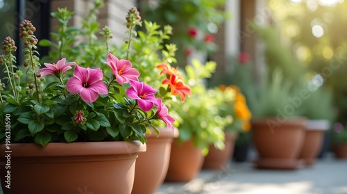 Vibrant flowers in terracotta pots create a cheerful outdoor setting illuminated by warm sunlight.