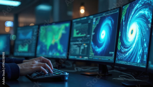 Meteorologist studies hurricane on computer screens. Scientist analyzes storm data, weather map and atmospheric patterns. Professional monitors cyclone tracking on multiple monitors.