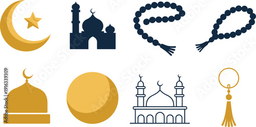 Islamic religious icons set with mosque, crescent moon, star, tasbih prayer beads, Ramadan vector illustration collection