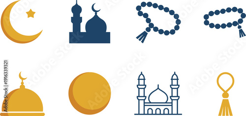 Islamic religious icons set with mosque, crescent moon, star, tasbih beads, Ramadan symbols vector illustration collection