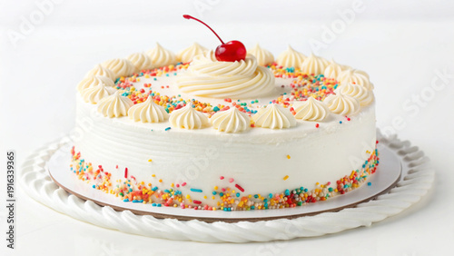 A beautifully decorated white cake with colorful sprinkles and a cherry on top