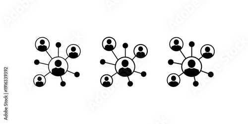 Set of three black silhouette icons illustrating network connection structure with central user connected to multiple surrounding people profiles