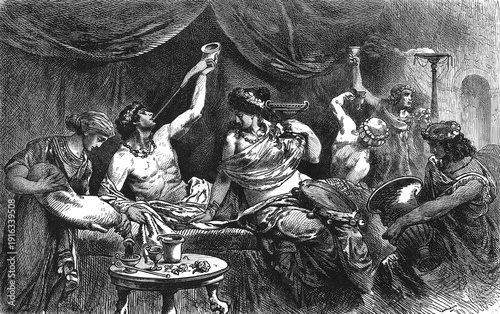 Bild auf Leinwand Bacchanalia during the time of Messalina, lively Roman banquet scene with elegantly dressed figures toasting, draped curtains and ornate vessels, old vintage illustration, 1880