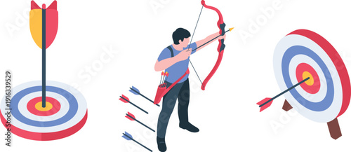 Isometric archery sport illustration showing archer aiming bow, arrows hitting bullseye target, accuracy precision training vector set