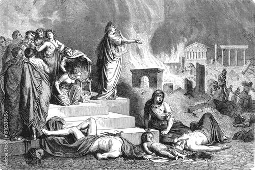 Fotografie Nero during the fire of Rome, people fleeing and lamenting amidst a burning Roman city with ruins and chaos, old vintage illustration, 1880
