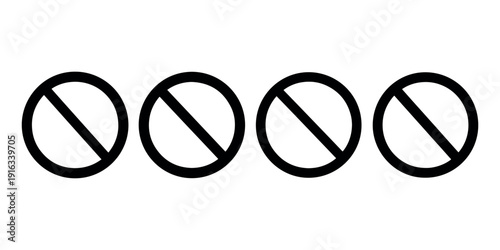 Four black outline symbols representing prohibition or denial with diagonal line crossing through circle indicating restriction no entry or forbidden action
