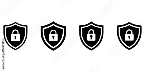 Set of four black shield icons with white padlock symbols representing digital security and protection concepts