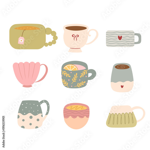 Set of various tea cups. Cute different shapes and ornaments. Hand drawn color vector illustration isolated on white background.