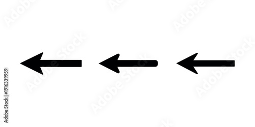 Left arrow icon set showing direction and navigation symbol in black silhouette style for web and app interface design isolated on white background